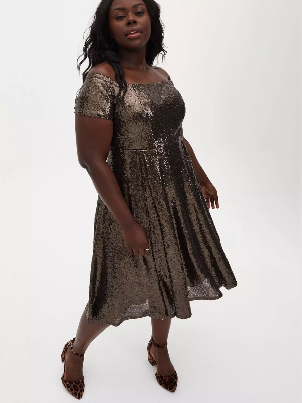 Torrid Chocolate Brown Sequins Off Shoulder Midi Dress Size 22 Fit & Flare